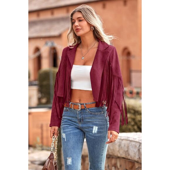 Prettygarden Women's Wine Red Fringe Motorcycle Cropped Faux Leather Jackets - Picture 5 of 9